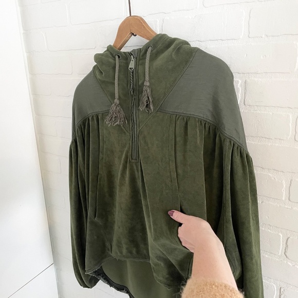Free People Movement Hoodie 1/4 zip Pockets High Low Olive Green Sz S Oversized - Picture 13 of 15